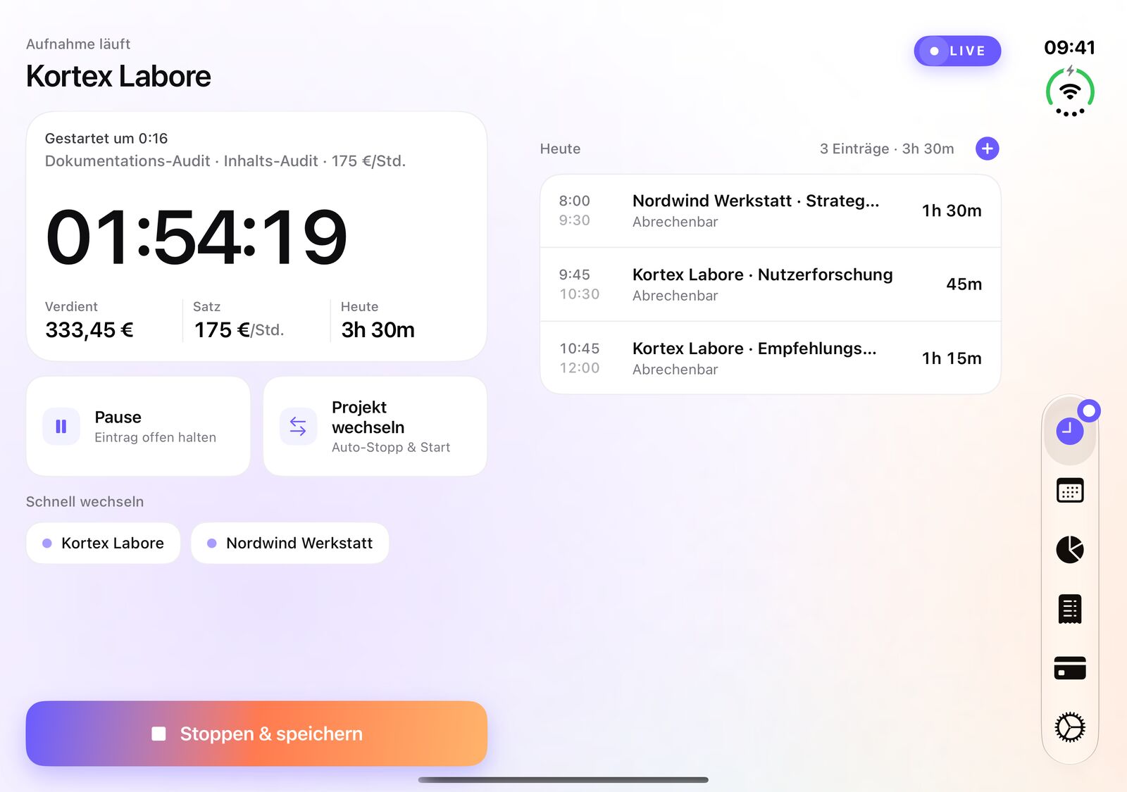 iTimeSheet auf dem inneren Display des iPhone Duo: die laufende Zeit links, die heutigen Einträge rechts
