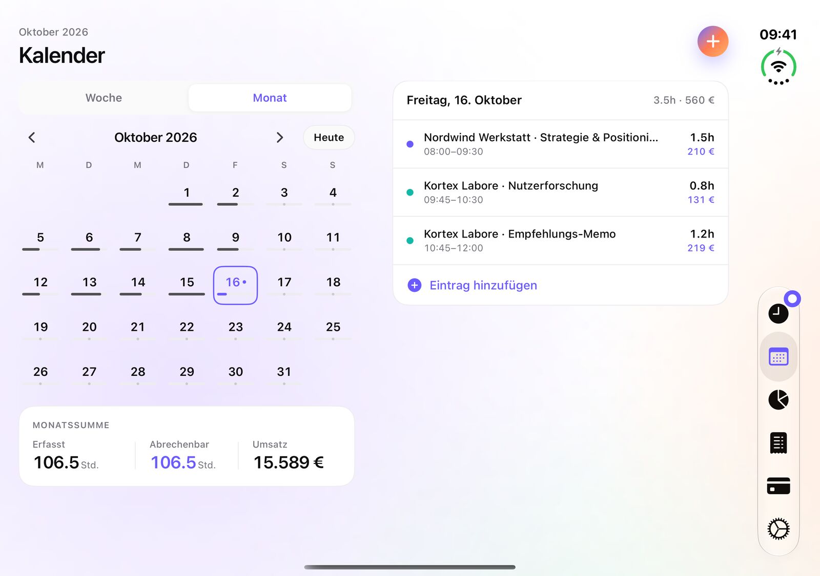 iTimeSheet-Kalender auf dem iPhone Duo: der Monat mit Summen links, die Einträge des gewählten Tages rechts