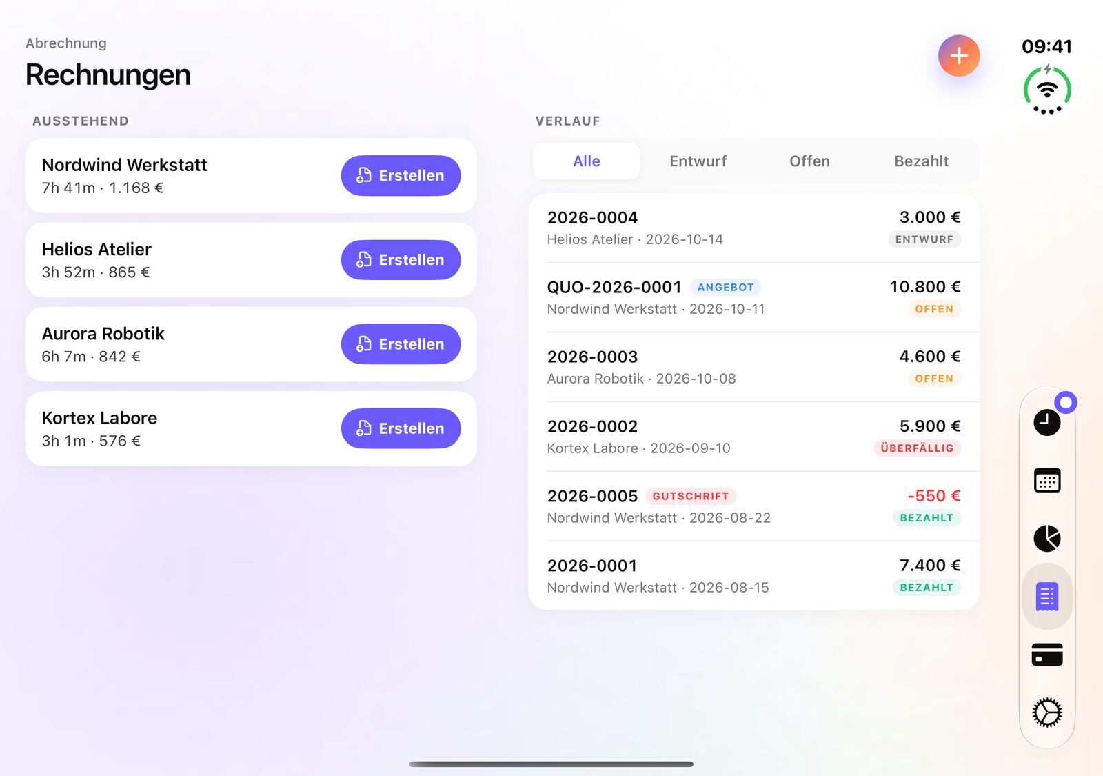 iTimeSheet-Rechnungen auf dem iPhone Duo: abzurechnende Beträge pro Kunde links, Rechnungsverlauf rechts