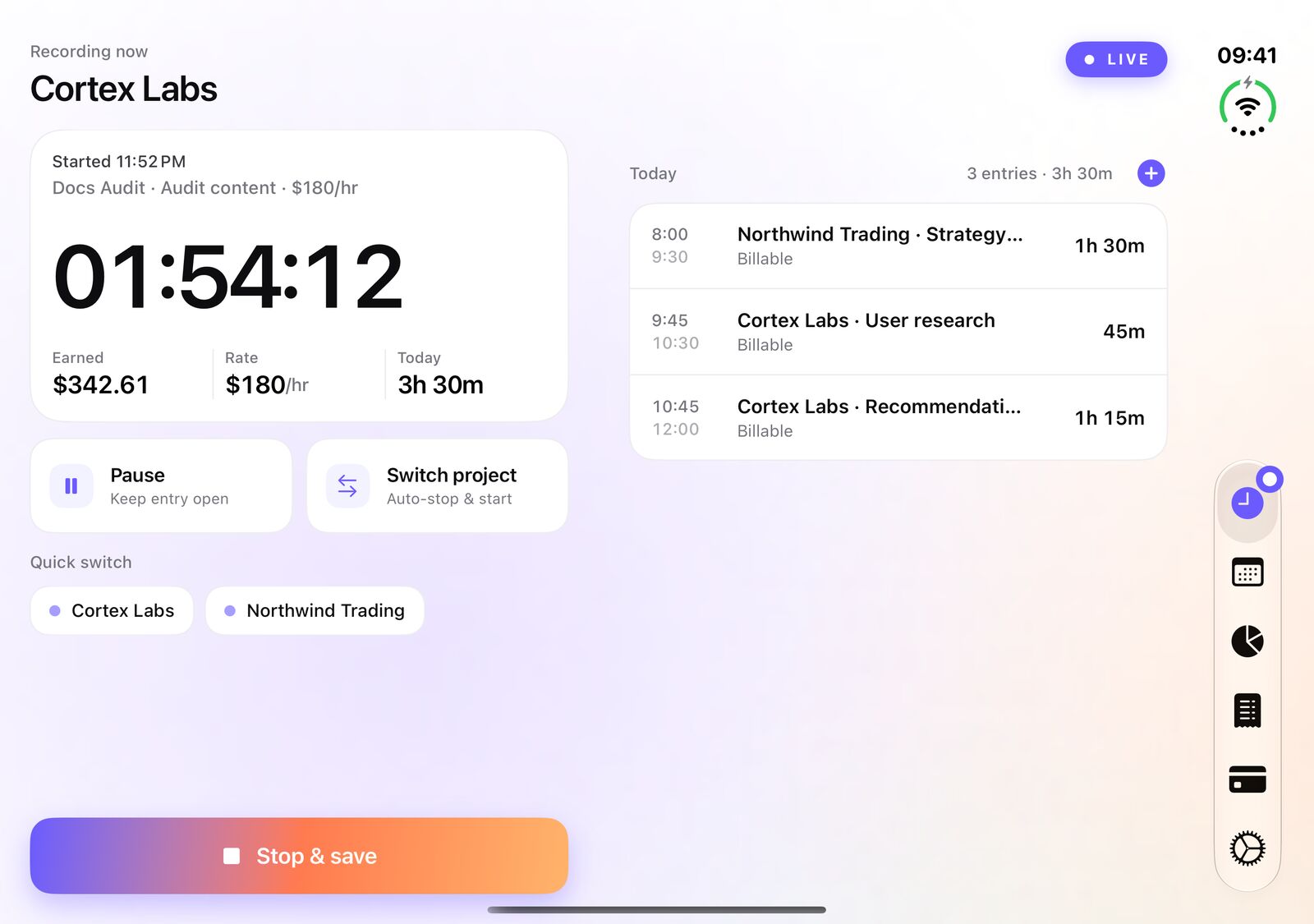 iTimeSheet on the iPhone Duo inner display: the running timer on the left, today's entries on the right