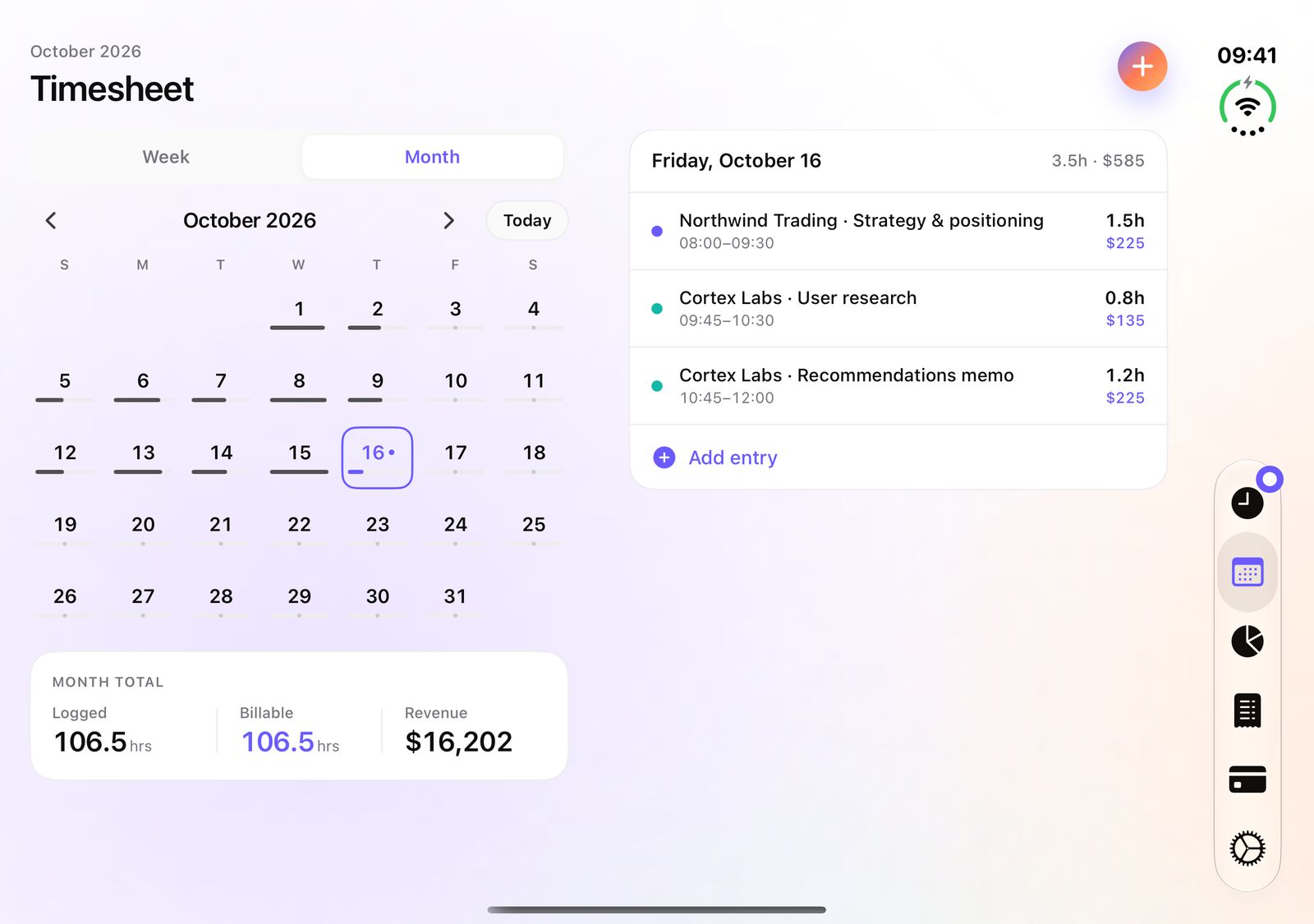 iTimeSheet timesheet on iPhone Duo: the month calendar with its totals on the left, the selected day's entries on the right
