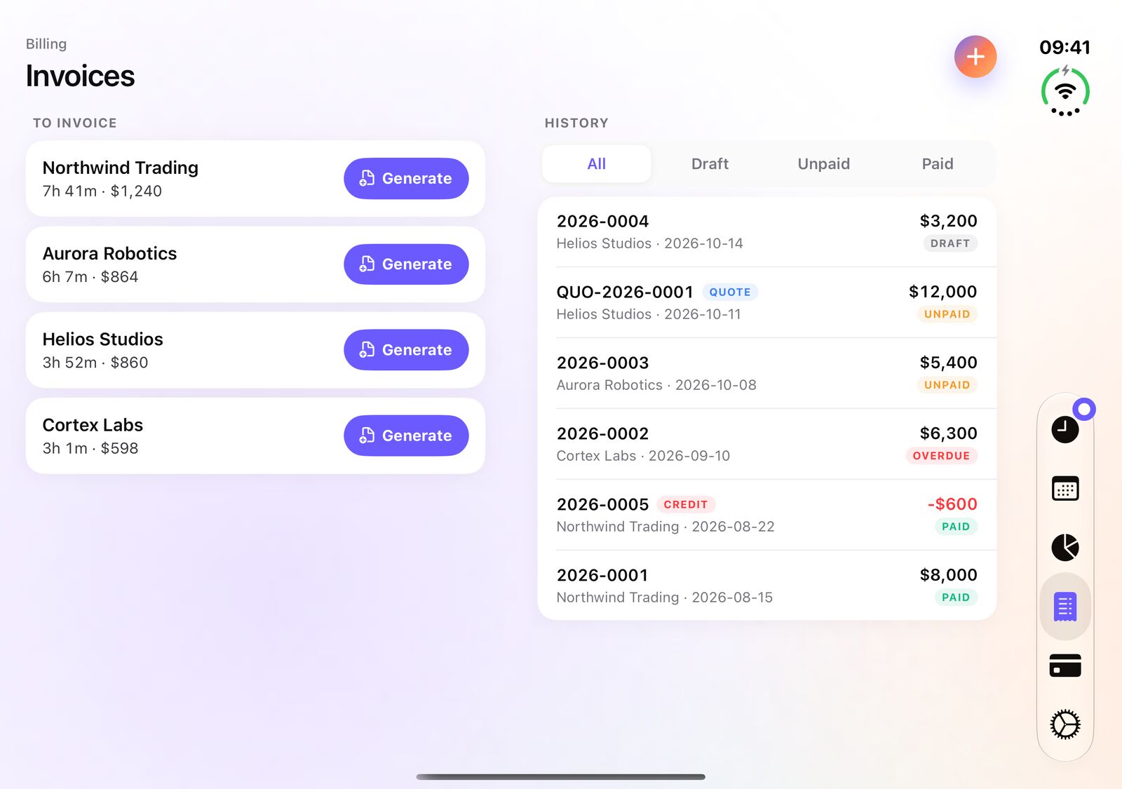 iTimeSheet invoices on iPhone Duo: amounts to invoice per client on the left, invoice history on the right