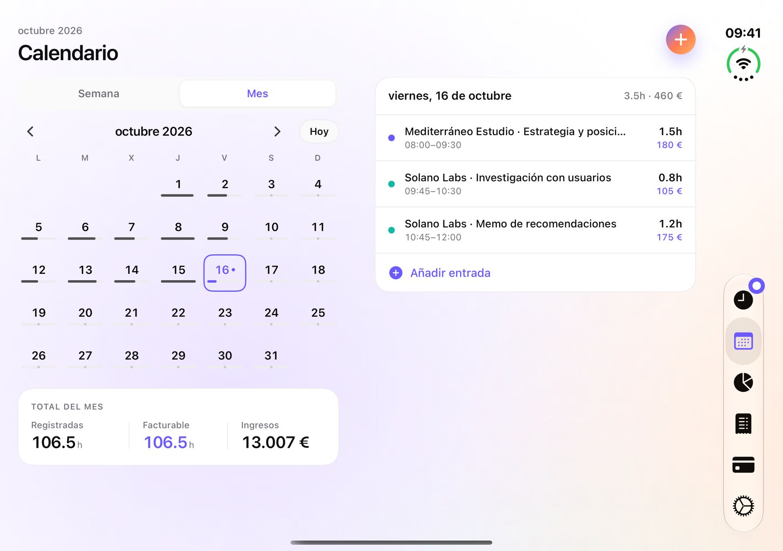Calendario de iTimeSheet en iPhone Duo: el mes y sus totales a la izquierda, las entradas del día seleccionado a la derecha