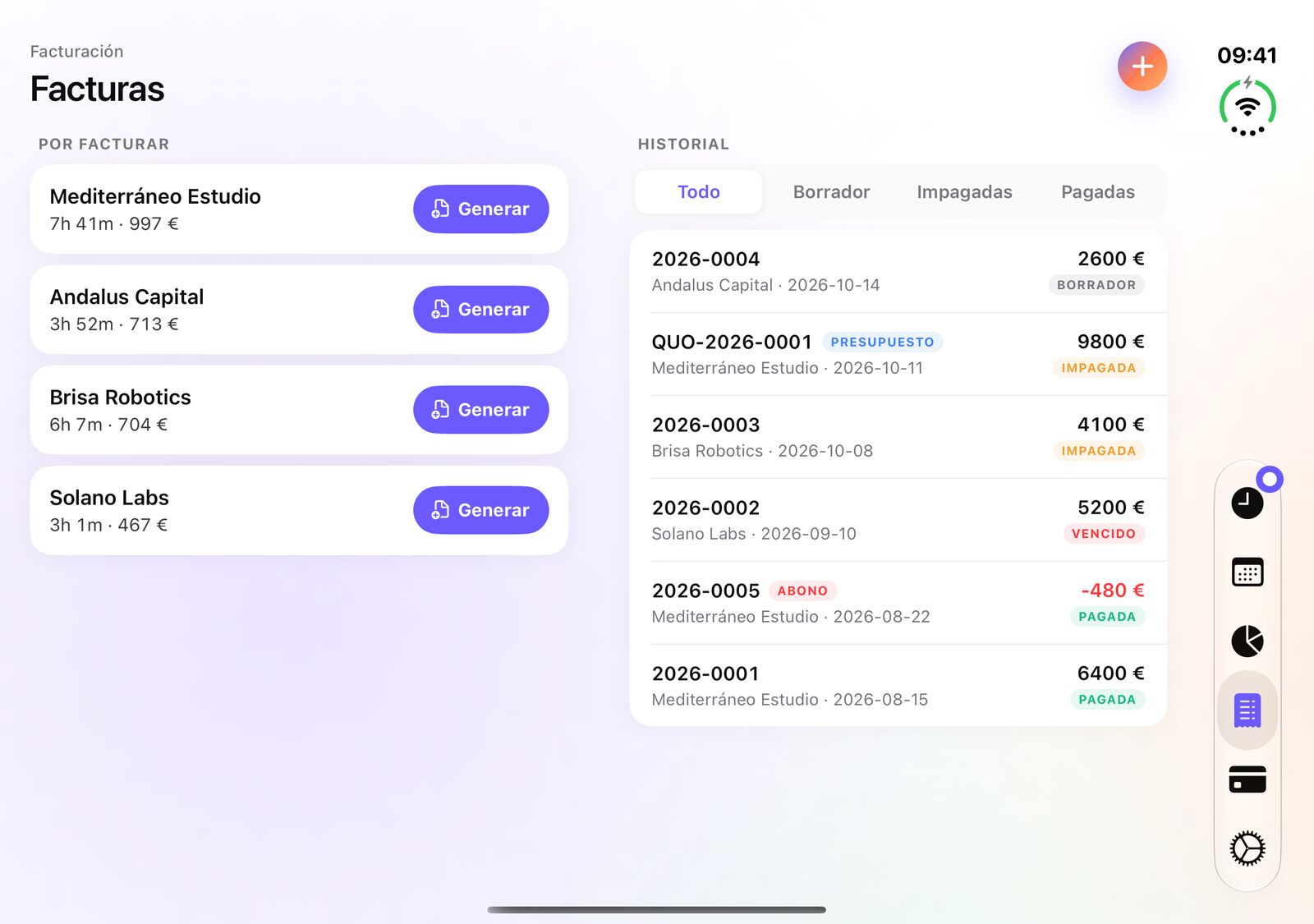 Facturas de iTimeSheet en iPhone Duo: importes por facturar por cliente a la izquierda, historial de facturas a la derecha