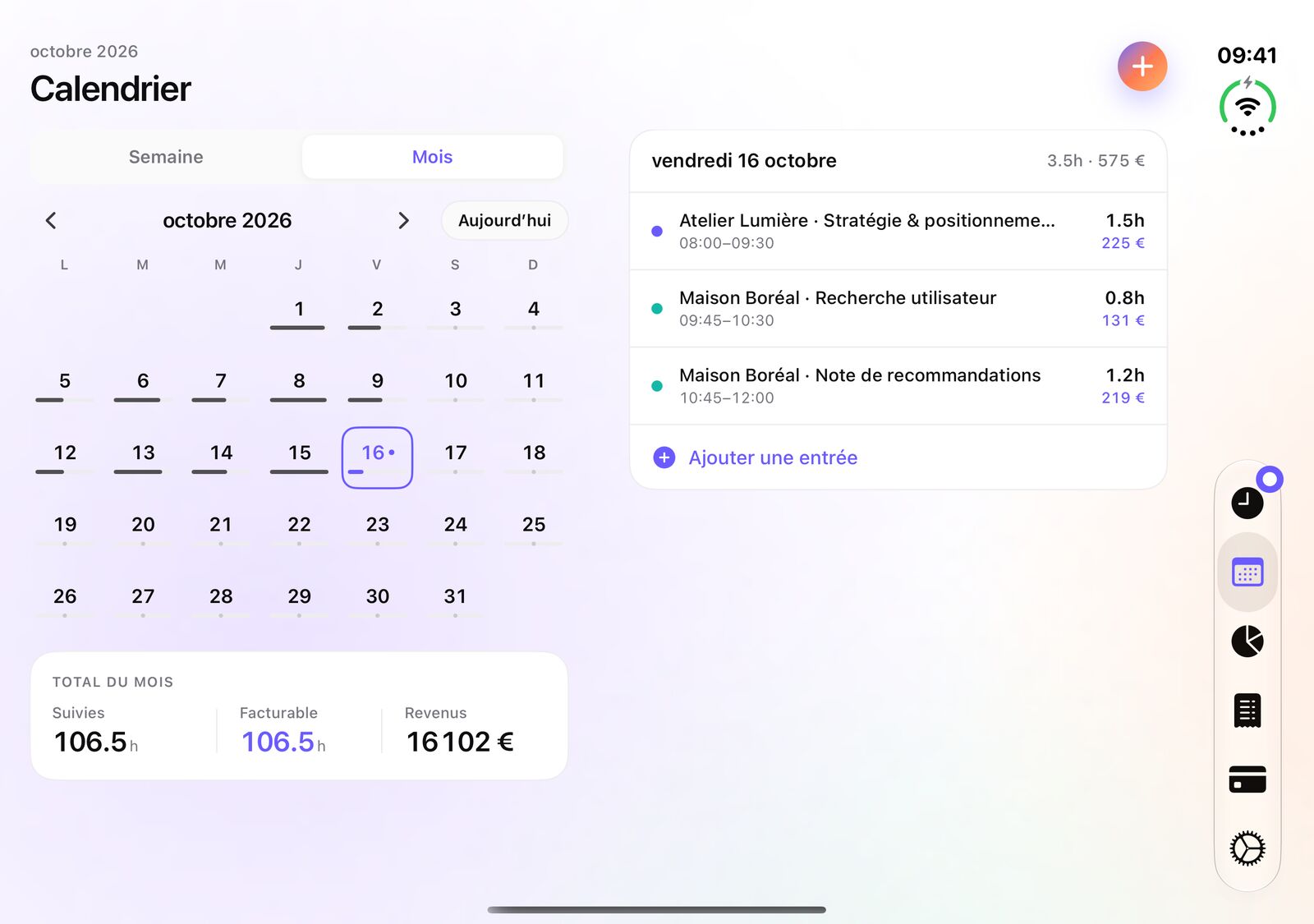 Calendrier iTimeSheet sur iPhone Duo : le mois et ses totaux à gauche, les entrées du jour sélectionné à droite