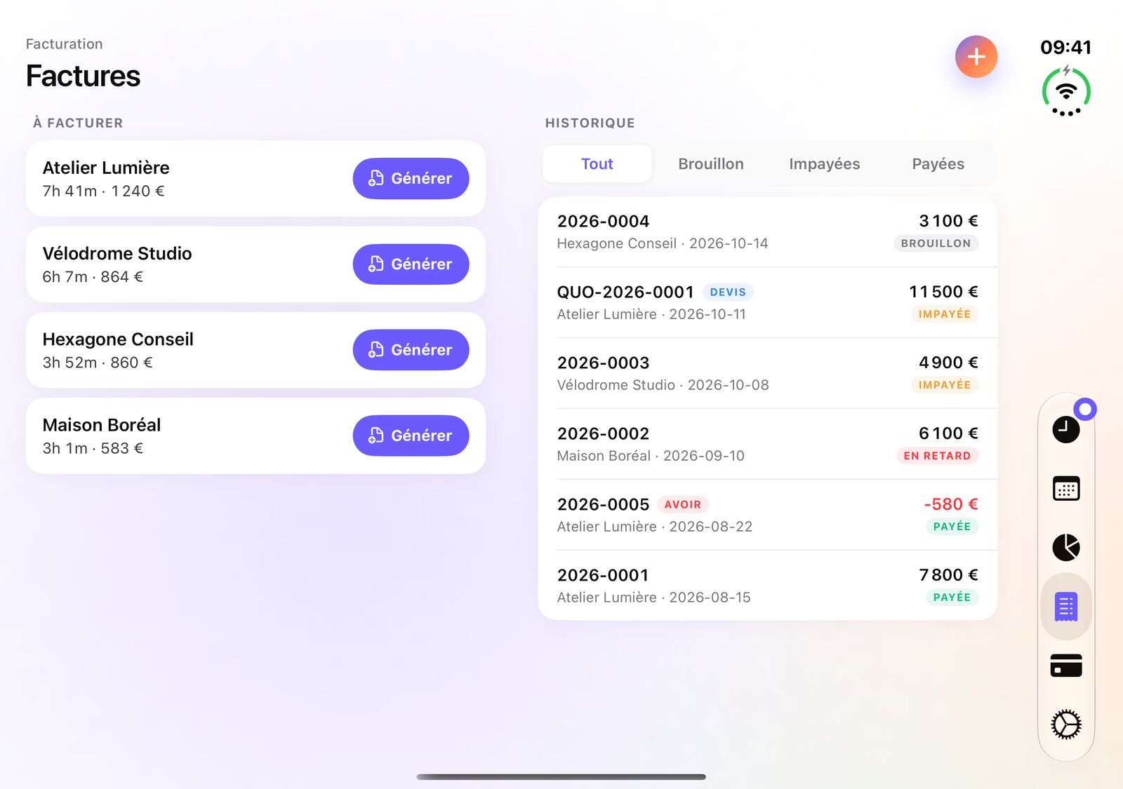 Factures iTimeSheet sur iPhone Duo : montants à facturer par client à gauche, historique des factures à droite