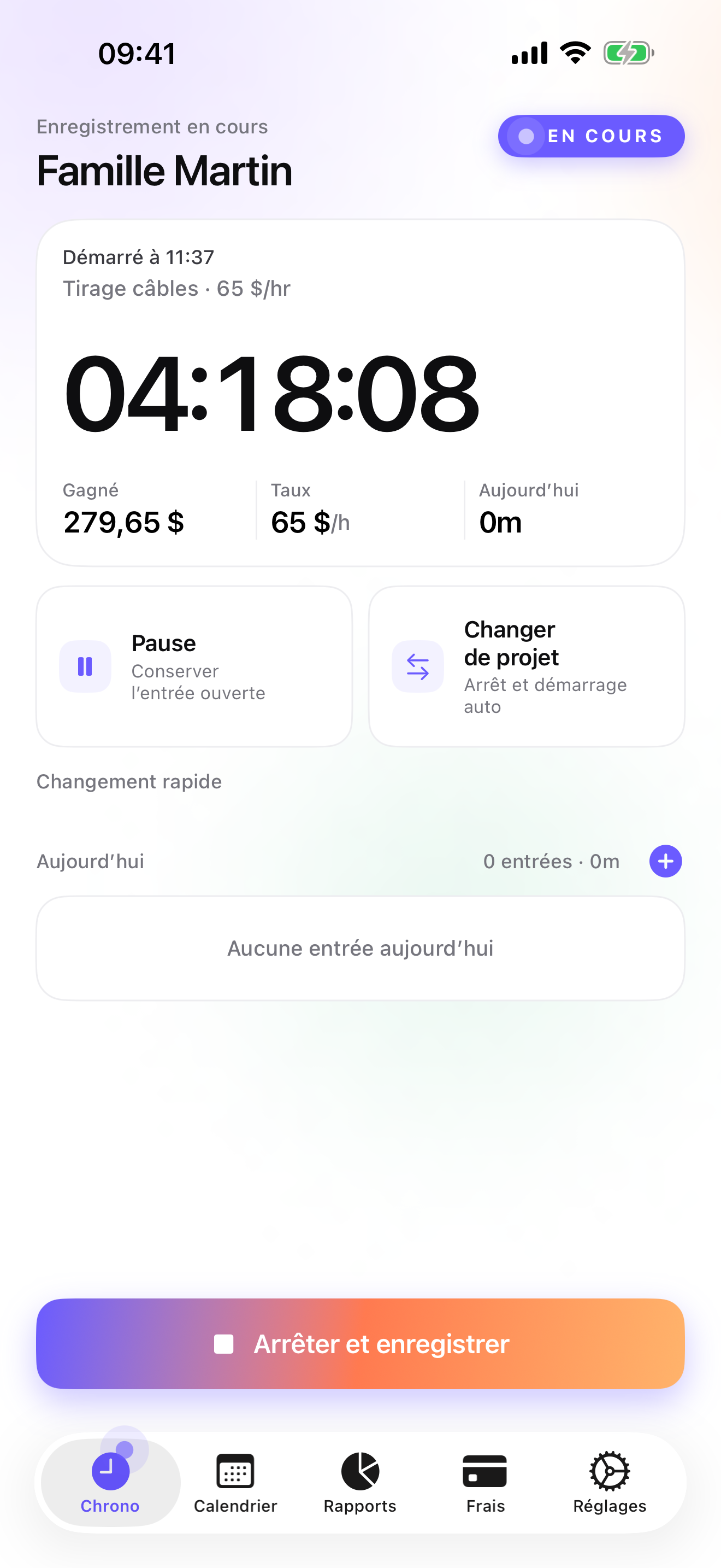 iTimeSheet on iPhone: the running timer on the Today screen