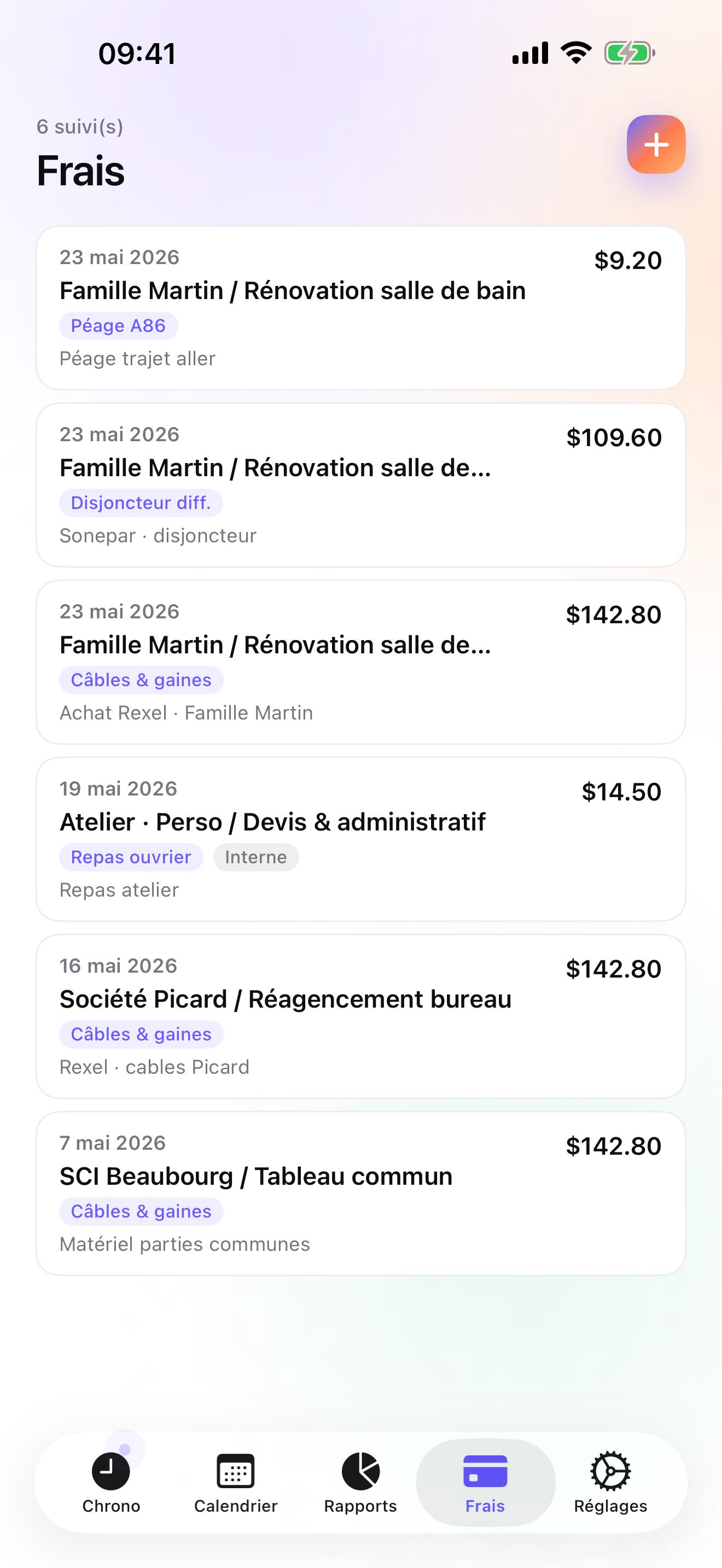 iTimeSheet — frais Rexel et Sonepar avec photos de tickets, attachés aux chantiers