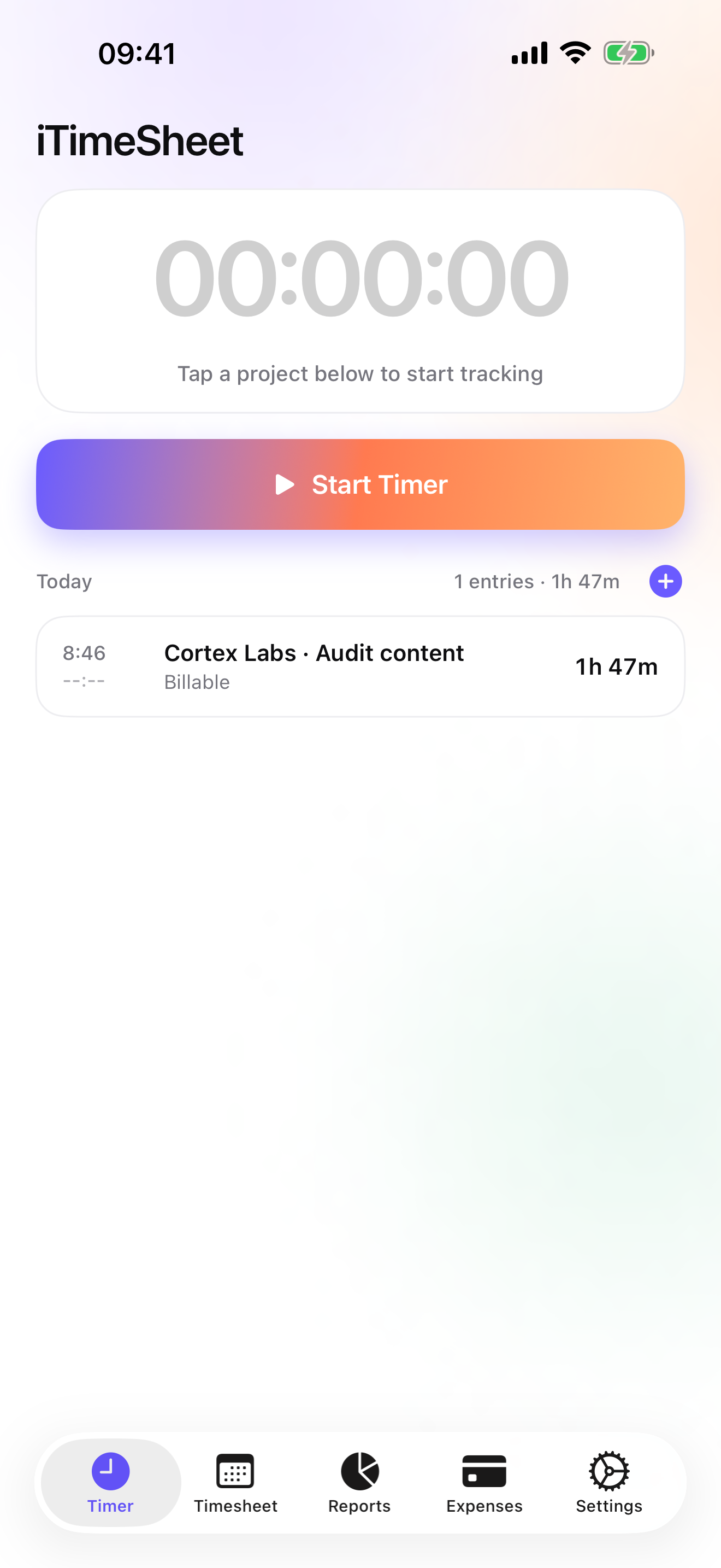 iTimeSheet — Today screen with live timer