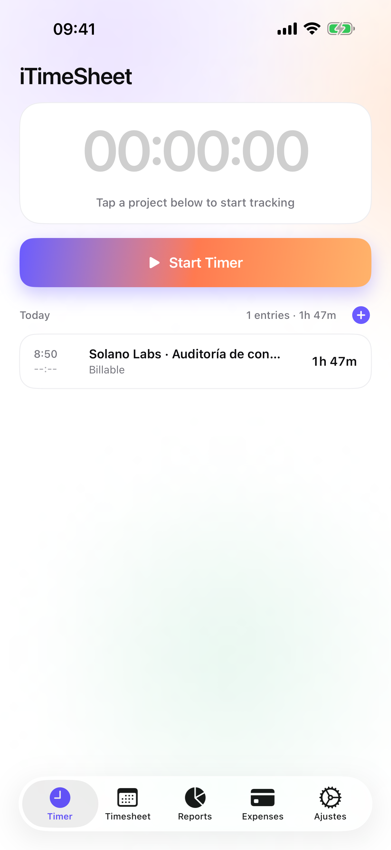 iTimeSheet — pantalla Hoy con cronómetro corriendo