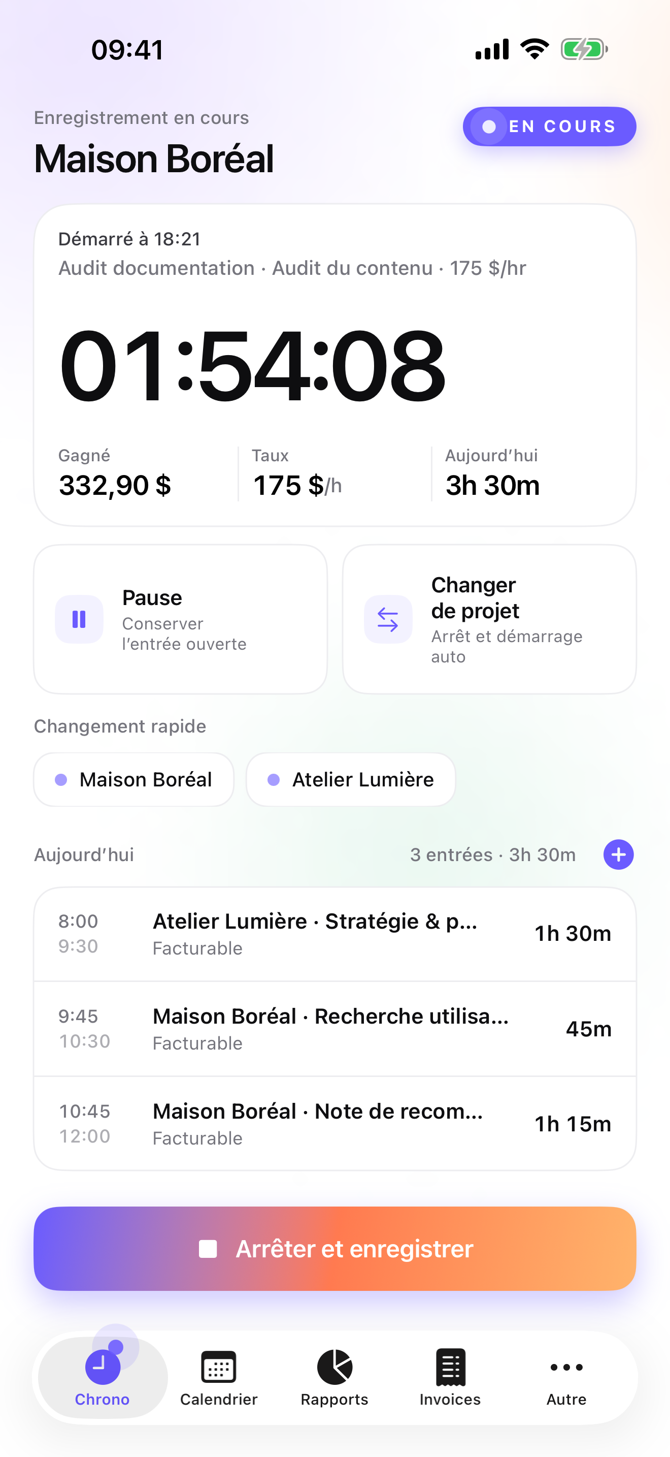 iTimeSheet sur iPhone : le chronomètre en cours sur l’écran Aujourd’hui