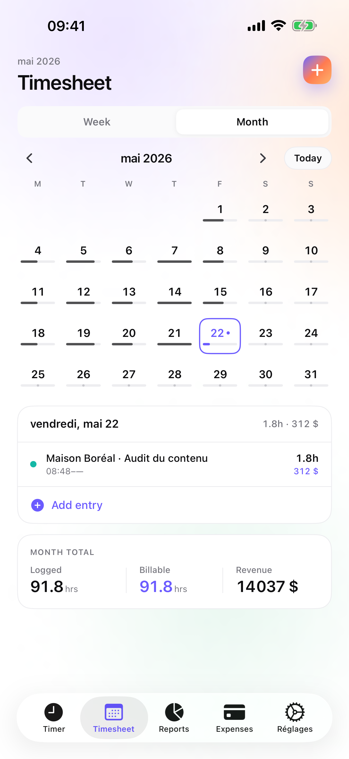 iTimeSheet — feuille de temps mensuelle avec totaux