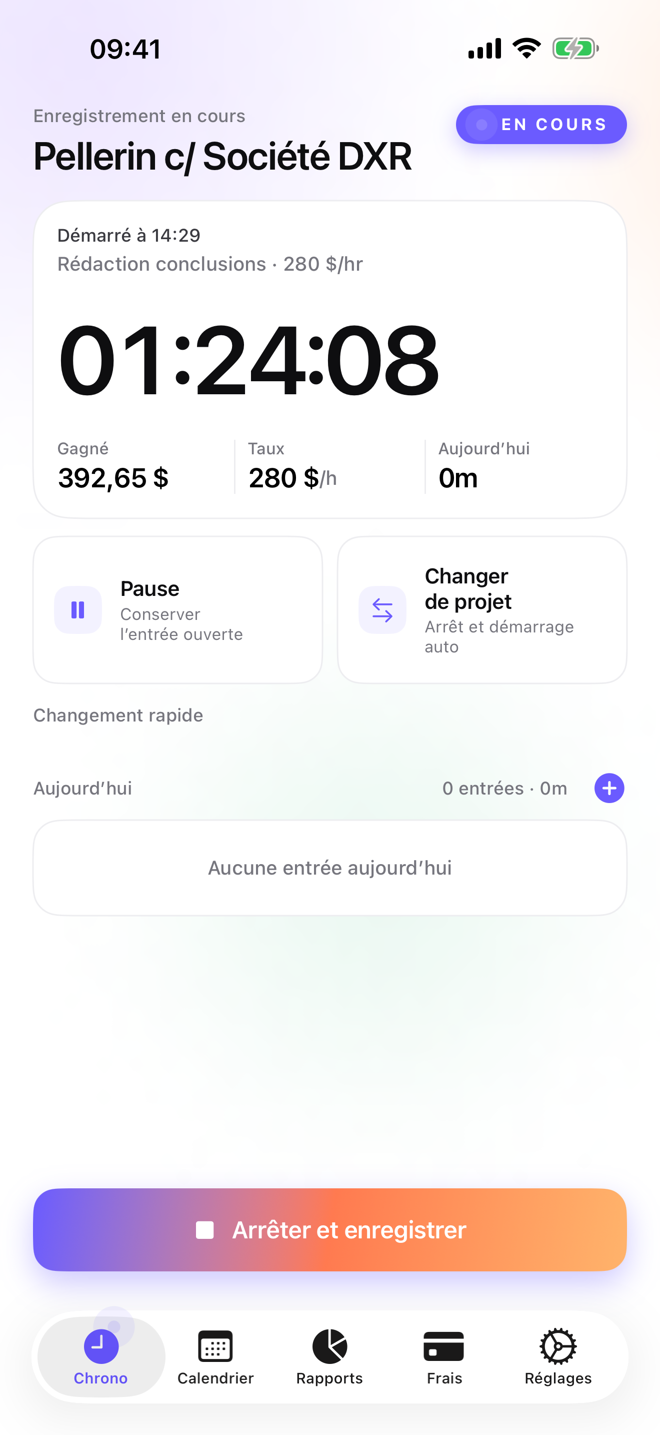 iTimeSheet — chronomètre actif sur un dossier Pellerin c/ DXR